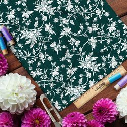 Ткань мембрана белая хохлома из цветов на зелёном фоне