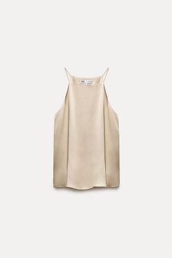 ZARA АТЛАСНЫЙ ТОП С ГОРЛОВИНОЙ ХАЛТЕР — ZW COLLECTION, БЕЖЕВЫЙ