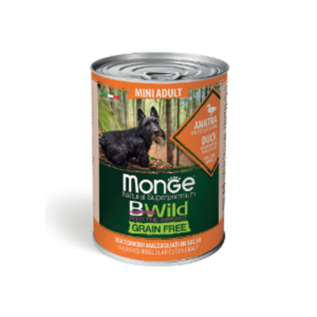 Влажный корм Monge Dog BWild GRAIN FREE Mini для взрослых собак мелких пород, беззерновой, из утки с тыквой и кабачками, консервы 400 г - 24 шт