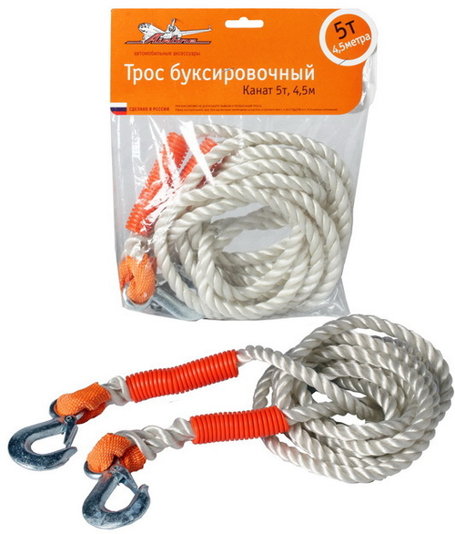 Трос буксировочный канат 5 т 4,5 м 2 крюка Airline