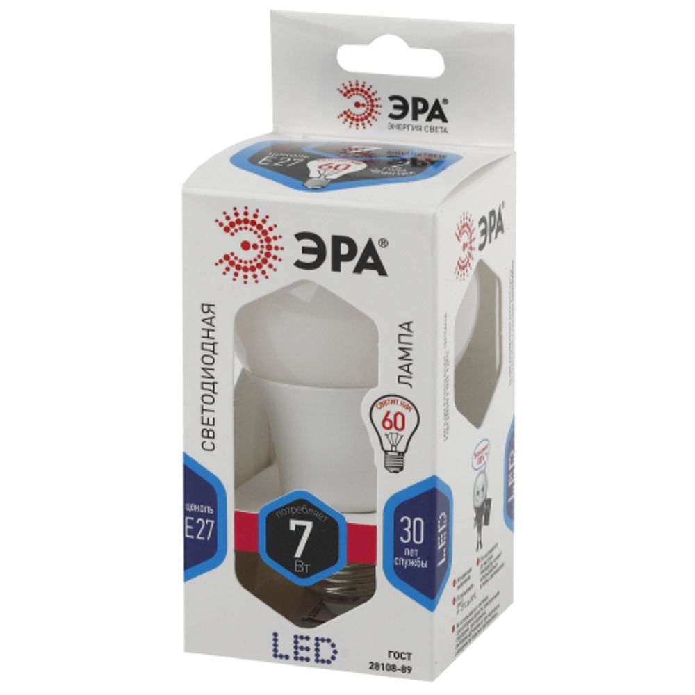 Лампа светодиодная ЭРА STD LED A60-7W-840-E27 7Вт груша нейтральный белый свет Е27 | Лампы cветодиодные Груша (A)