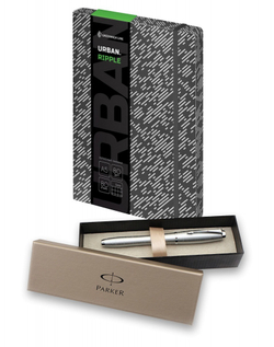 Подарочный набор: Перьевая ручка Parker Urban Premium Silver -Blue и Записная книжка серая тон. блок, цв. срез.