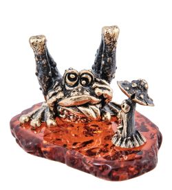 Народные промыслы AM- 604 Фигурка «Лягушка и волшебный грибочек» (латунь, янтарь)