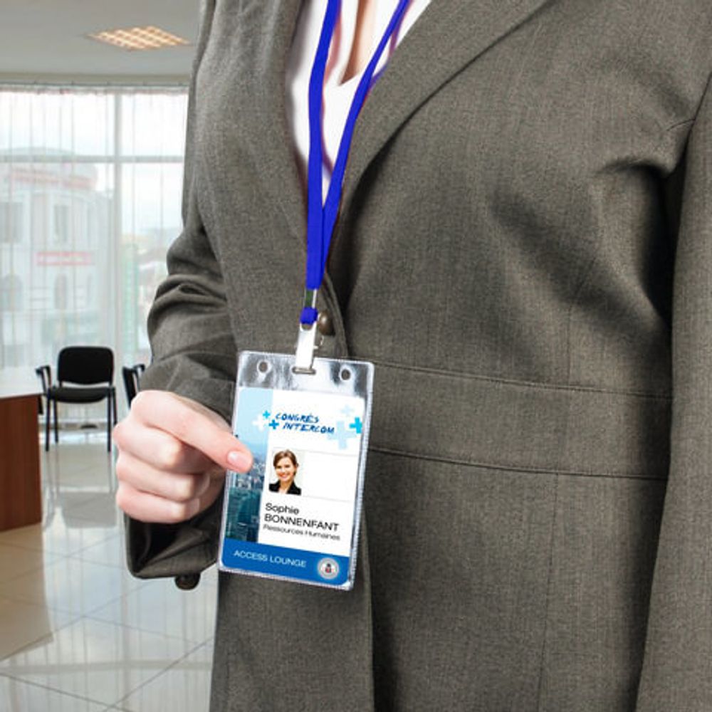 Бейджи вертикальные БОЛЬШИЕ (120x87 мм), КОМПЛЕКТ 10 шт., на синей ленте 45 см, ДПС, 1065.ВК-101