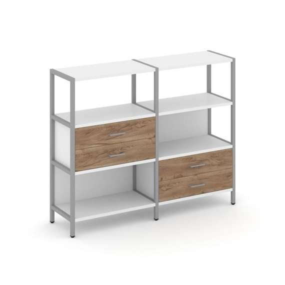 Shelf System Двухсекционный стеллаж трехярусный с ящиками SN.STM-323 Белый/Дуб Табак/Металл Серый 15