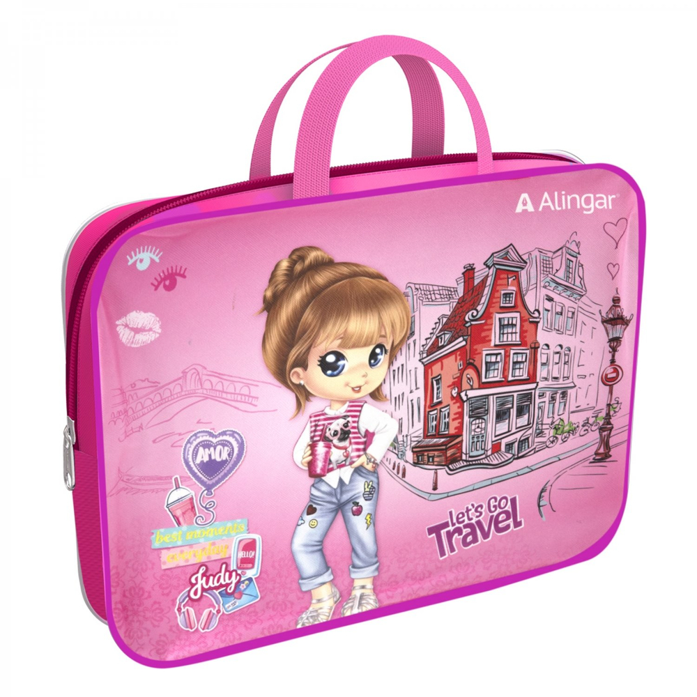 Папка с ручками 1 отделение, А4 260х340х80 мм, Alingar, ПВХ, ручки тесьма, дизайн с одной стороны, молния сверху, внутр. карм, "Юная путешественница"