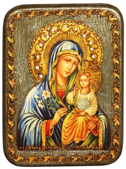 Инкрустированная икона Образ Божией Матери Неувядаемый Цвет 20х15см на натуральном дереве в подарочной коробке