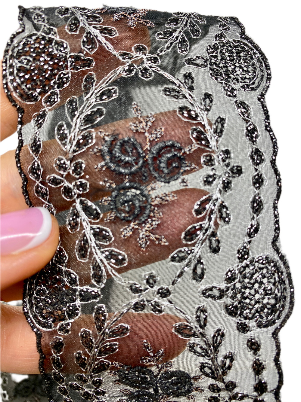 Кружево тонкое на органзе цветное ш-6см Франция. (шелк/люрекс/п/э) 1м