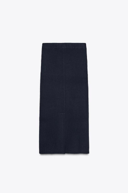 ZARA ТРИКОТАЖНАЯ ЮБКА-МИДИ В РУБЧИК, МОРСКОЙ СИНИЙ