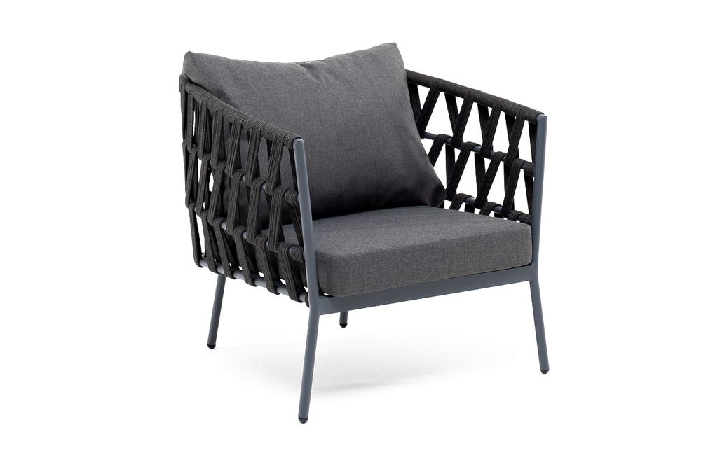 "Диего" кресло плетеное из роупа, каркас алюминий темно-серый (RAL7024) муар, роуп темно-серый круглый, ткань темно-серая 027