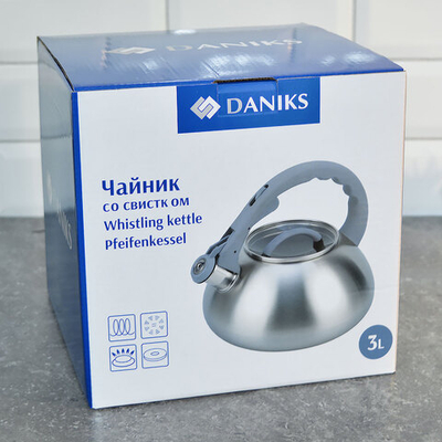 Чайник 3л нерж со свистком, матовый, логотип меняет цвет, ручка с силиконовым покрытием, "Daniks" DS