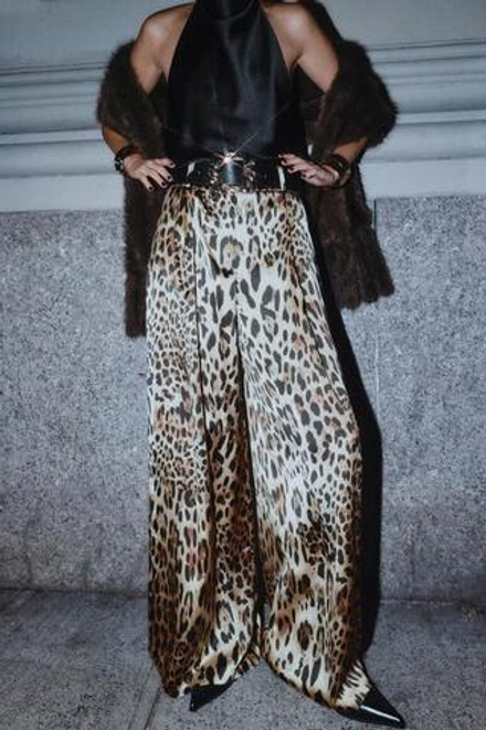 ZARA АТЛАСНЫЕ ШИРОКИЕ БРЮКИ С РЕМНЕМ, ЛЕОПАРДОВЫЙ
