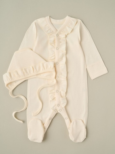 Комбинезон и чепчик с рюшами, Сливочный