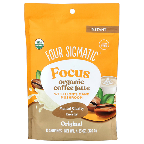 Four Sigmatic, Focus, органический растворимый кофе латте с ежовиком гребенчатым, оригинальный вкус, 120 г (4,23 унции)