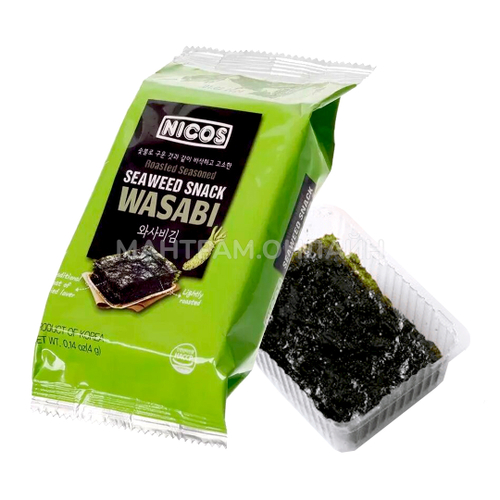 Снек Капуста морская сушёная Nicos Seaweed snack wasabi вкус Васаби 4 г
