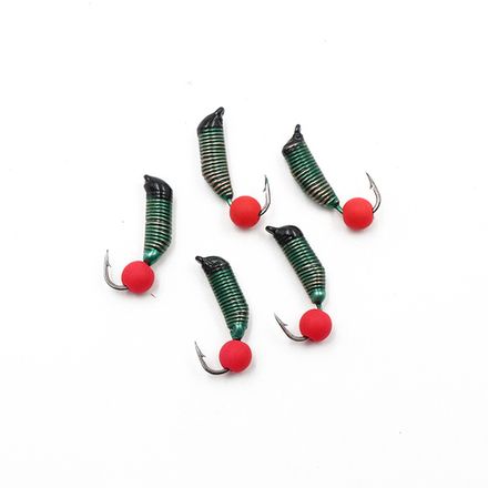 Мормышка вольф. безнасадочная "ЯМАН" Ручейник №5, d-2 мм, L-9.5 мм, вес 0,68 гр., фц. красный шар, цв. Зеленый