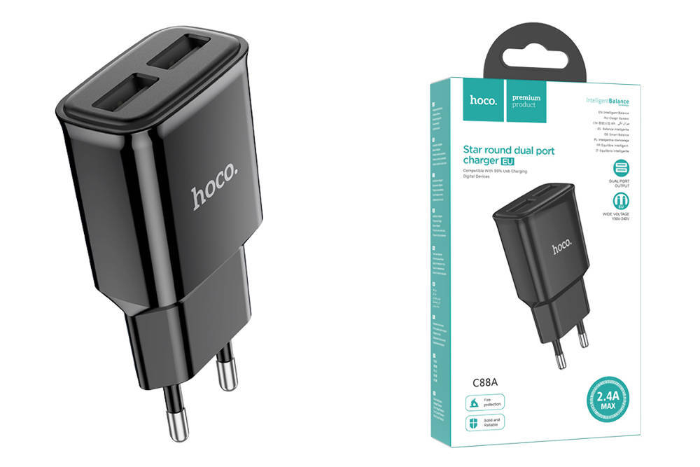 Сетевая зарядка 2-USB 2.4А Hoco C88A Чёрный