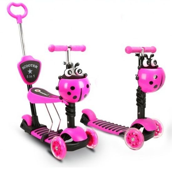 Самокат Беговел 5 в 1 Божья коровка с родительской ручкой