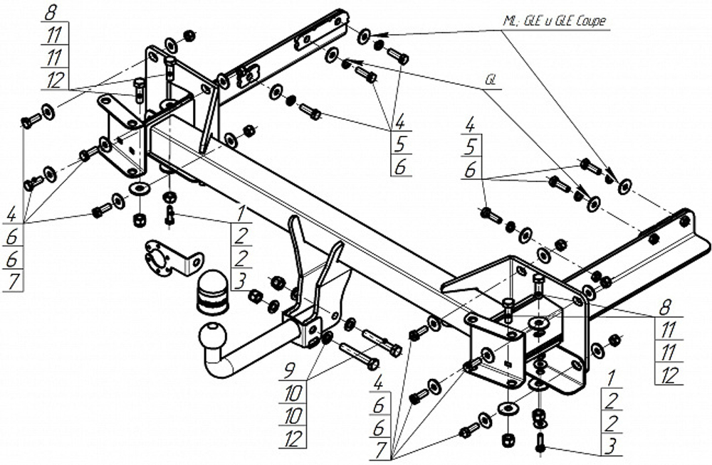 Фаркоп Motodor для Mercedes-Benz GL, GLS, ML, GLE, GLE Coupe W-164, 166 (оцинкованный шар)(паспорт и сертификат в комплекте)(без электрики) 91205-A
