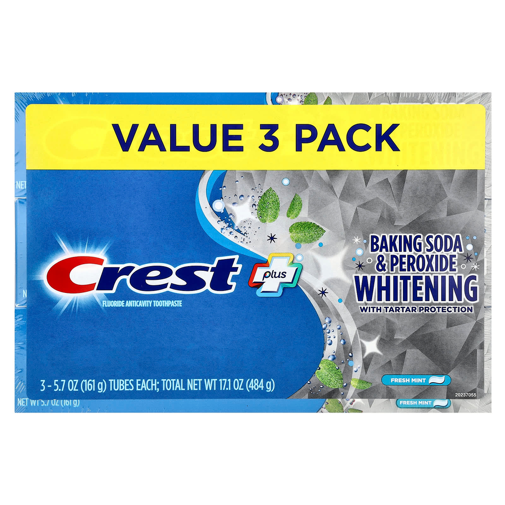 Crest, Plus, отбеливающая зубная паста с фторидом, пищевой содой и перекисью, свежая мята, 3 шт. по 161 г (5,7 унции) в упаковке