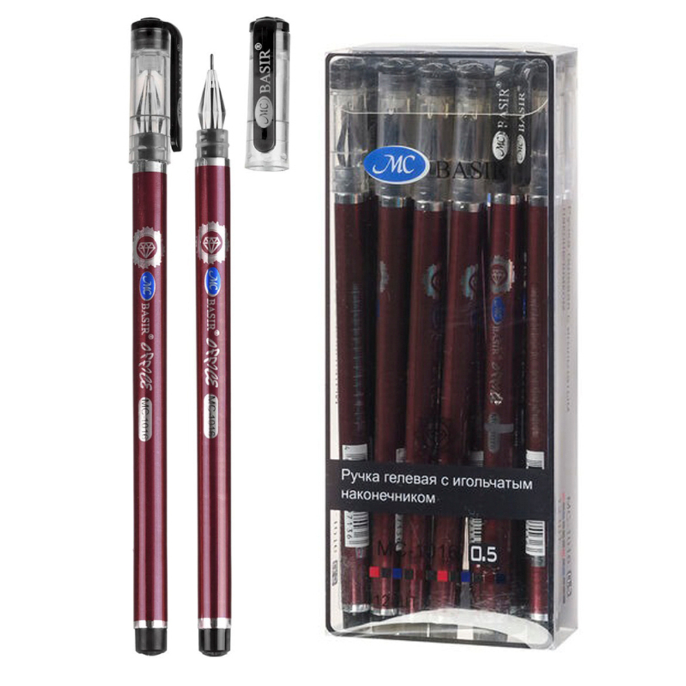 Ручка гелевая, Basir, чёрные чернила, серия "Office", с граненым наконечником, красный корпус, 12 шт