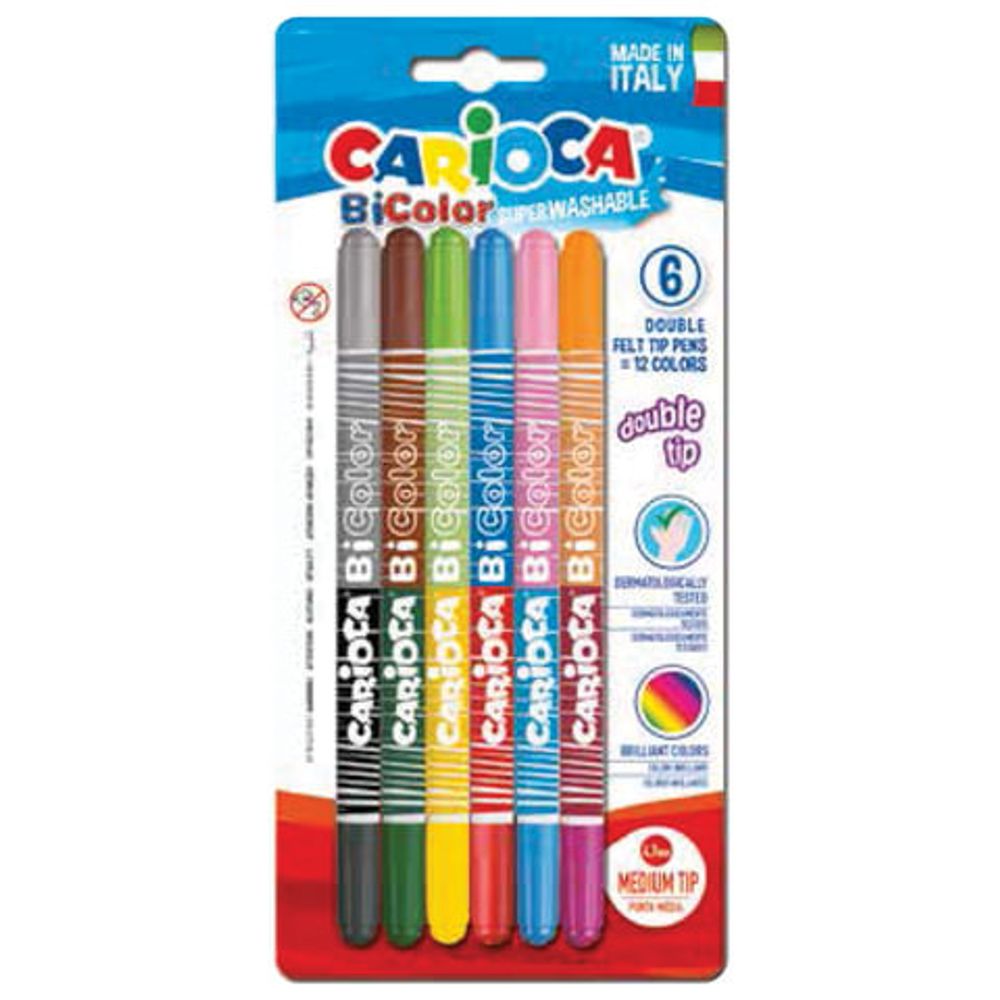Фломастеры двухсторонние CARIOCA (Италия) "Bi-color", 6 штук (12 цветов), суперсмываемые, вентилируемый колпачок, 42269