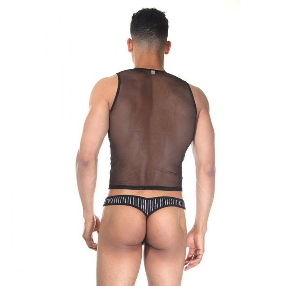 Мужской комплект: короткая майка и трусы-тонги в полоску (Размер: S-M) (Цвет: черный)