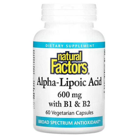 Антиоксиданты Natural Factors, Альфа-липоевая кислота с витаминами B1 и B2, 600 мг, 60 вегетарианских капсул