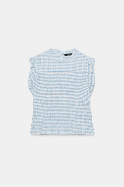 ZARA ТОП В КЛЕТКУ ВИШИ С ЭФФЕКТОМ ЖАТКИ, ЭКРЮ/СИНИЙ