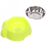 Миска пластиковая с металлической чашкой «Лапка» 21*6,5см цвет зеленый / 350 и 450мл