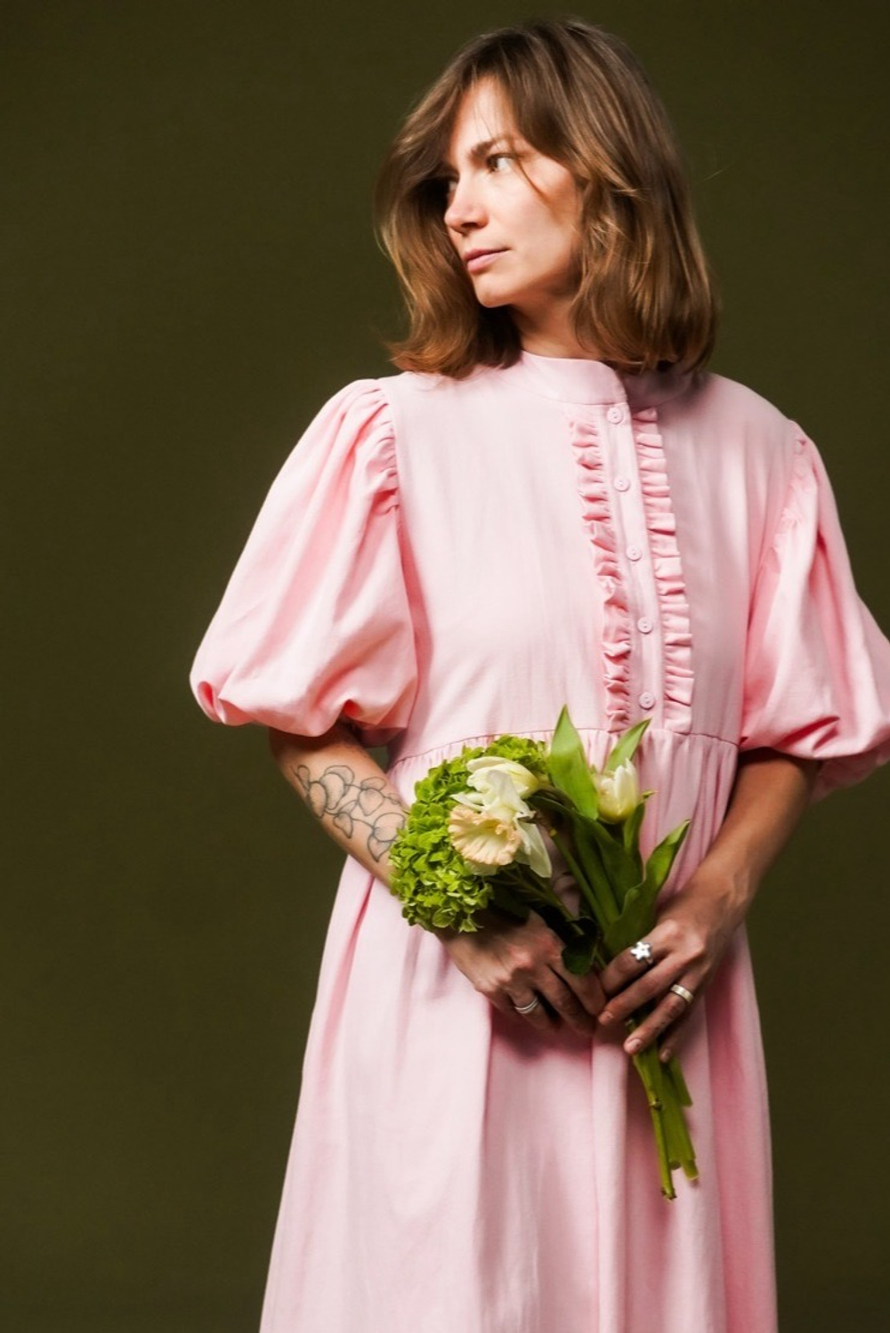 Платье с жабо и рукавами-фонариками, розовый хлопок