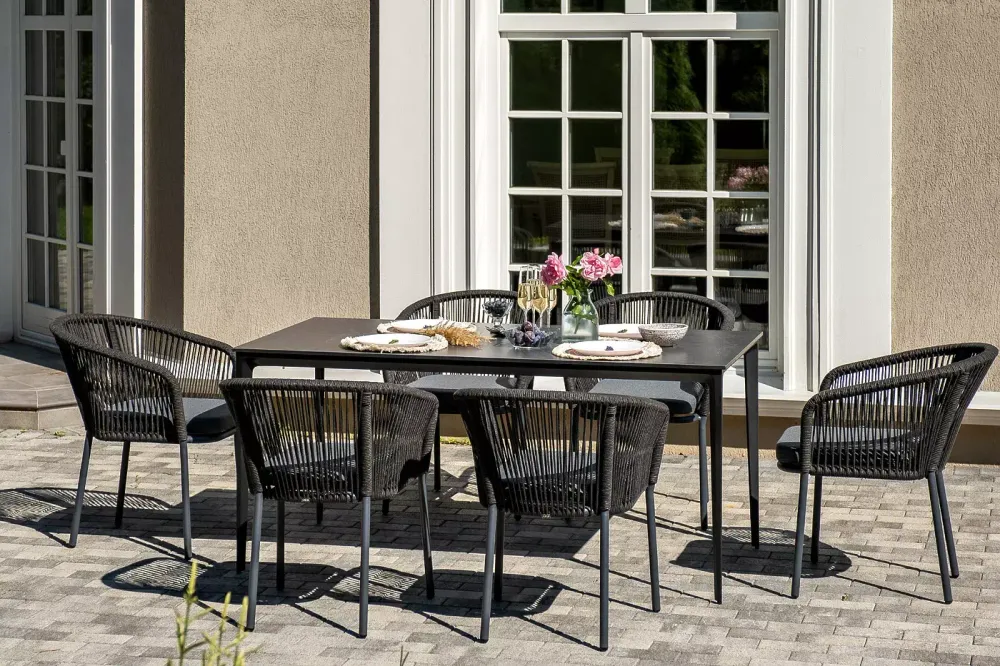 "Малага" обеденная группа на 6 персон со стульями "Марсель", каркас темно-серый, роуп темно-серый