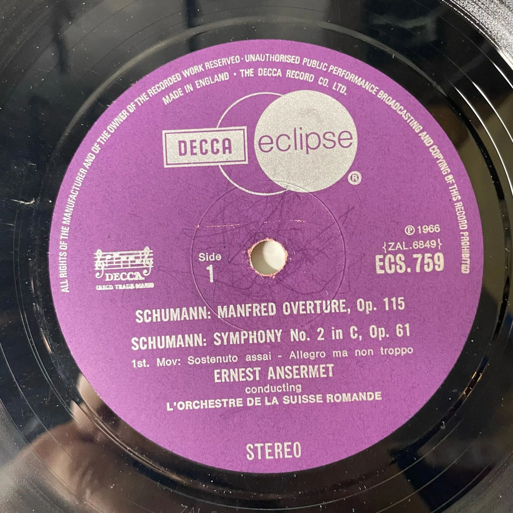 Винтажная виниловая пластинка LP Schumann Шуман, L'Orchestre De La Suisse Romande, Ernest Ansermet, Symphony No. 2, Manfred Overture (Англия 1974)