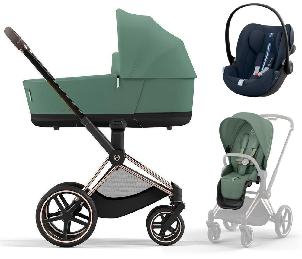 Коляска 3 в 1 Cybex Priam IV Rosegold и автокресло Cloud G i-Size Ocean Blue Plus Leaf Green