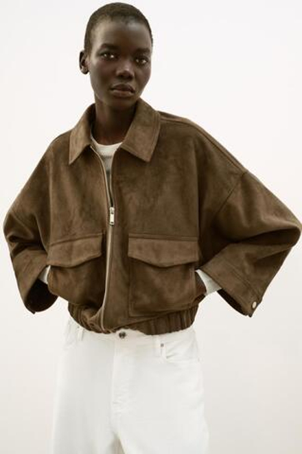 ZARA КУРТКА ИЗ ИСКУССТВЕННОЙ ЗАМШИ, ТЕМНЫЙ ХАКИ