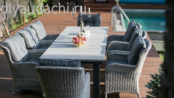 Обеденный комплект стол ПАРКЛЭНД + 6 кресел из искусственного ротанга БЕРГАМО (цвет серый/коричневый)
