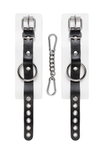Бело-черные кожаные наручники с одним ремешком с люверсами
