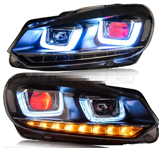 Передние фары Гольф 6 2008-2012 V9 Type [Комплект Л+П; яркие светодиодные ходовые огни; светодиодный поворотник; электрокорректор]