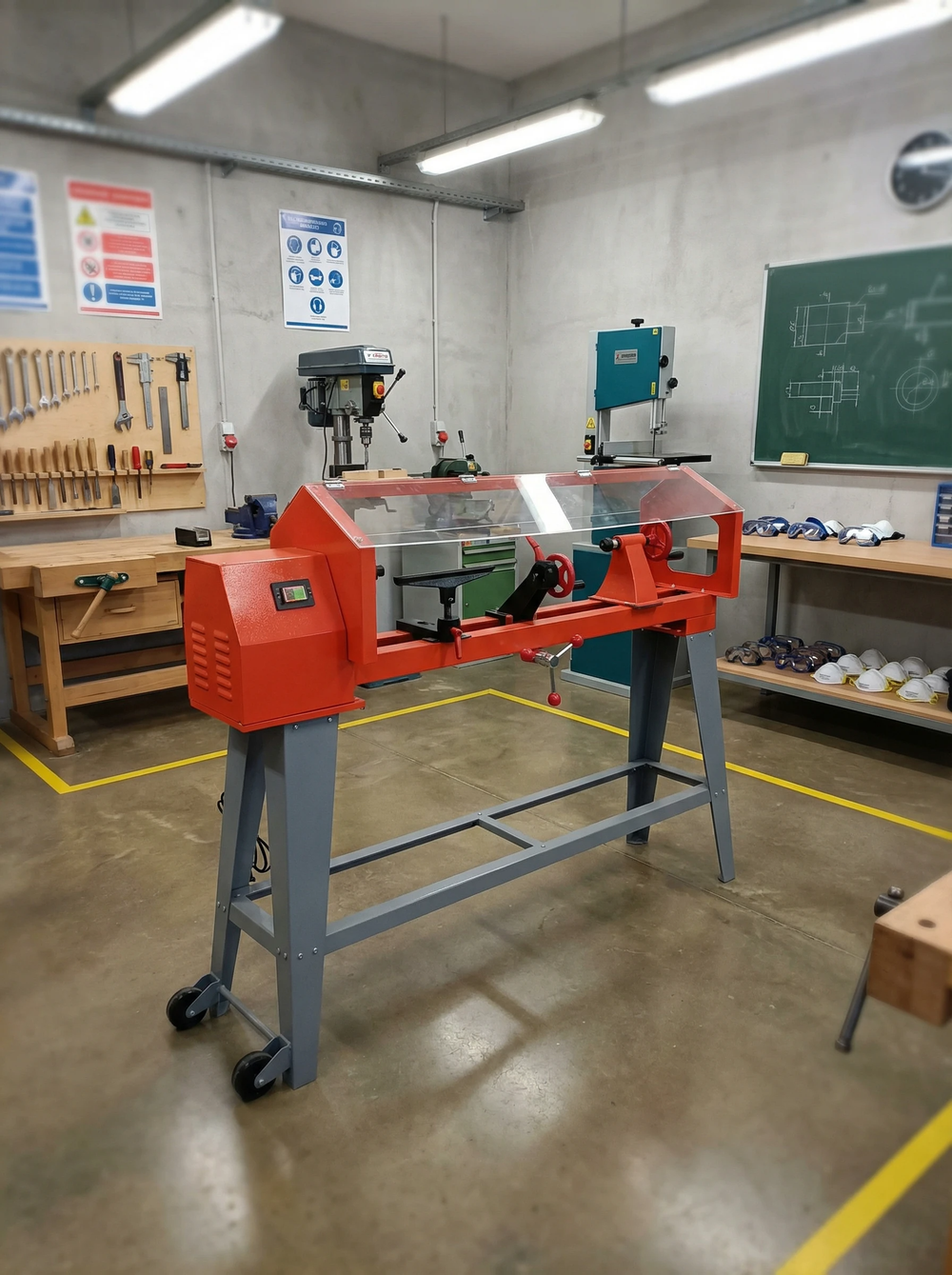 Станок токарный деревообрабатывающий, оснащенный щитком-экраном из оргстекла