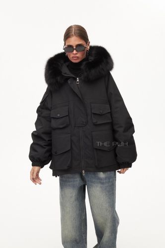 Черная объемная укороченная парка с капюшоном