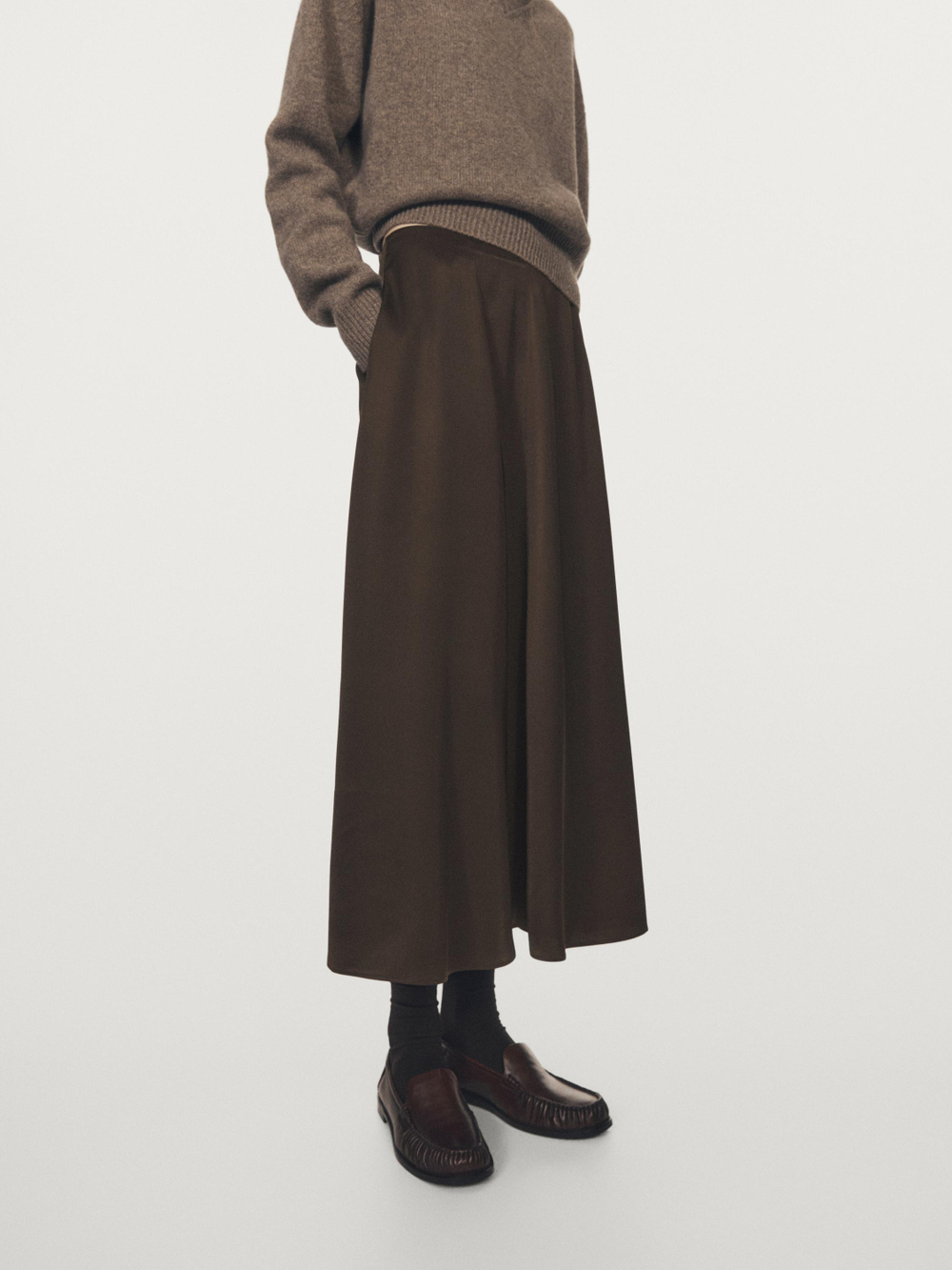 Massimo Dutti Юбка миди из атласа с карманами, шоколадный