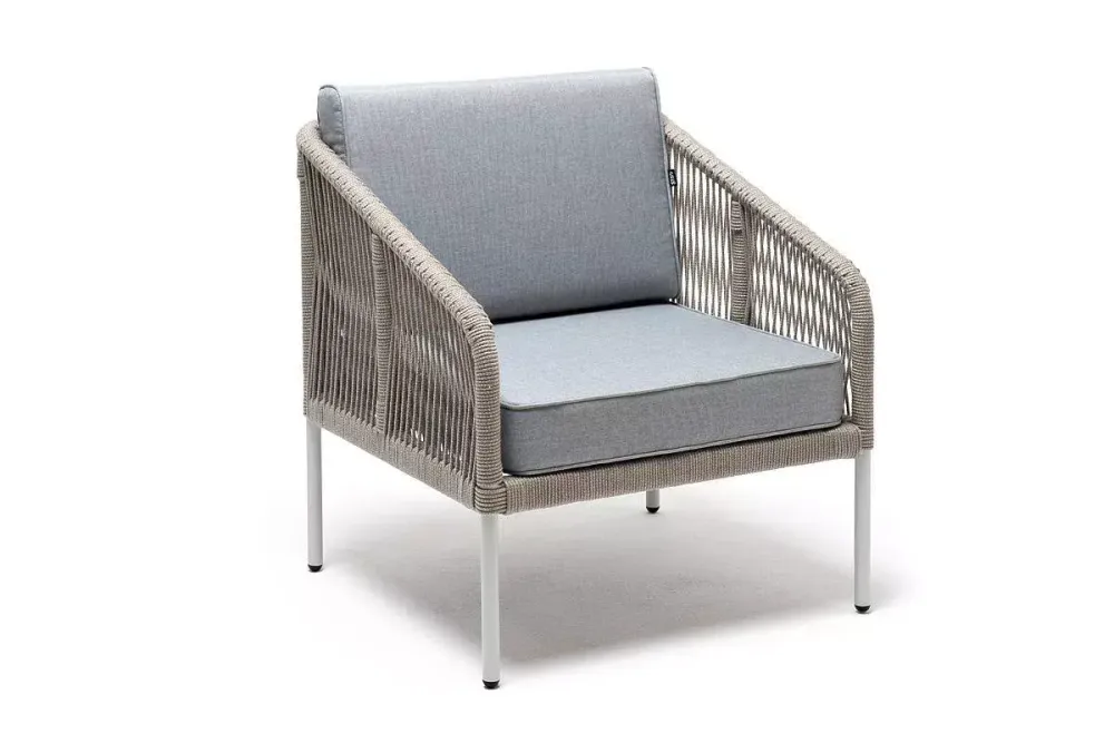 "Канны" кресло плетеное из роупа, каркас алюминий светло-серый (RAL7035) муар, роуп серый меланж круглый, ткань светло-серая