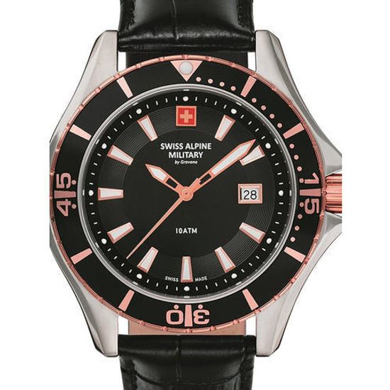 С ремешком Мужские наручные часы с черным кожаным ремешком Swiss Alpine Military 7040.1557 mens watch 44mm 10ATM
