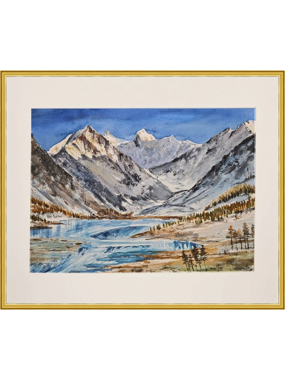 Картина авторская акварельная в паспарту 40х50 см на стену для интерьера "Белуха и Ак-Кем. Горный Алтай"