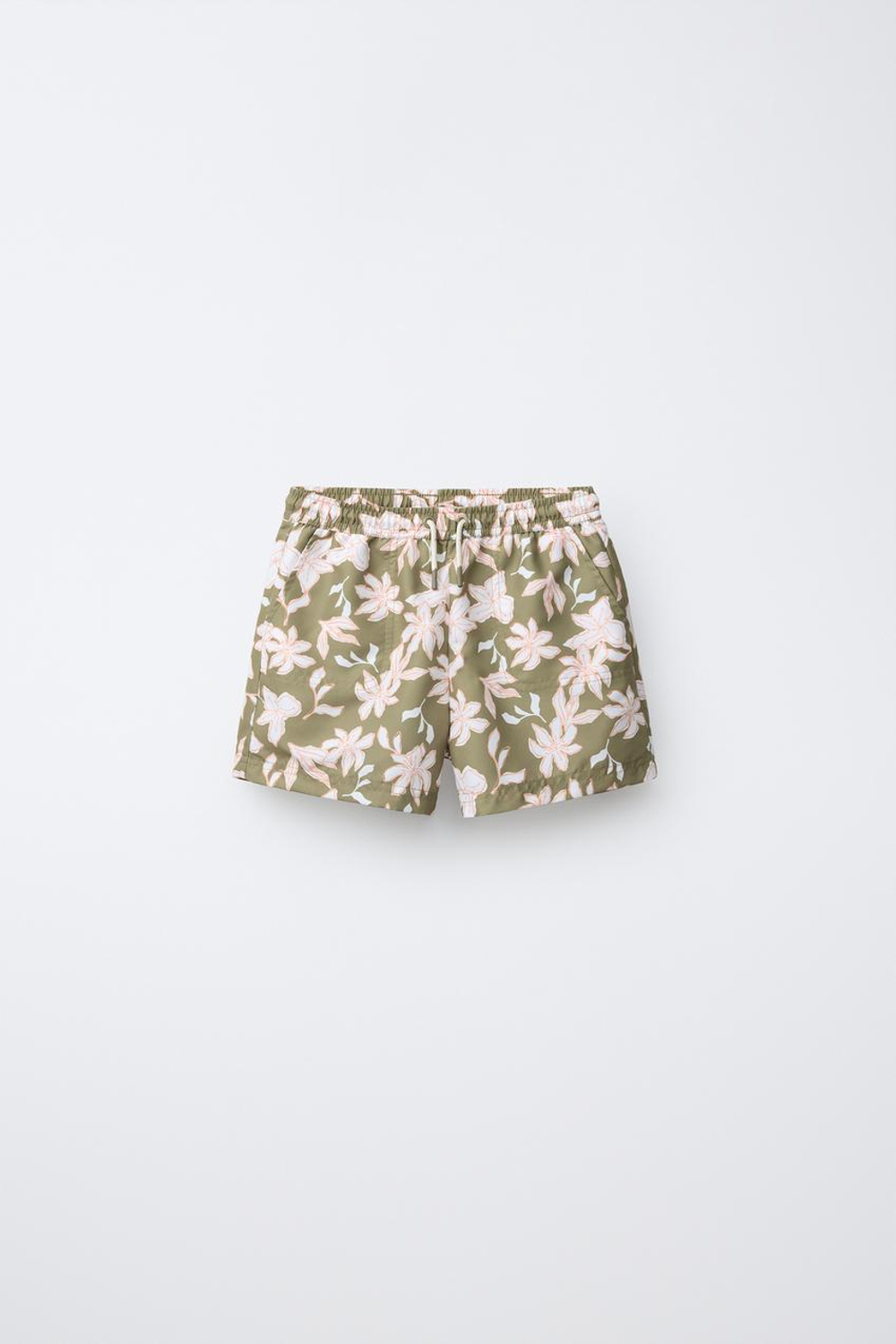 ZARA ПЛАВКИ-БЕРМУДЫ С ЦВЕТОЧНЫМ ПРИНТОМ, ЗЕЛЕНОВАТЫЙ