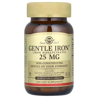 Solgar, Gentle Iron®, добавка с железом, 25 мг, 90 растительных капсул
