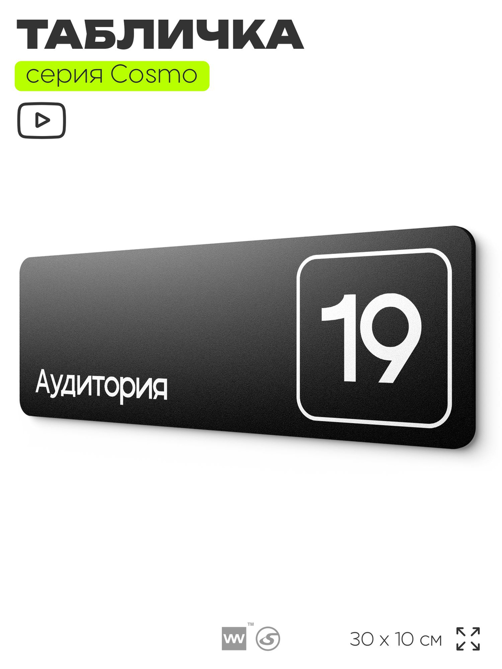 Таблички с номером аудитории "Аудитория №19", для офиса, 30 х 10 см, серия COSMO 3010, черная, Айдентика Технолоджи