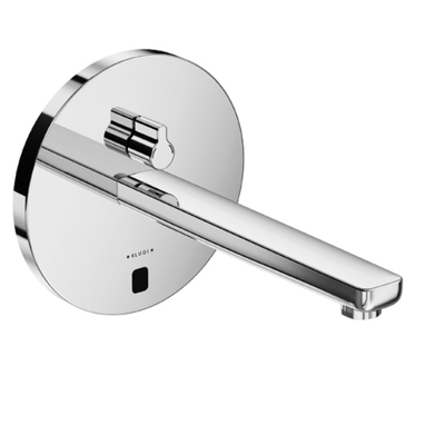 KLUDI ZENTA электронный смеситель для умывальника, настен. монтаж, питание от сети 240В или батарейки, дл.излива 240 мм, рычаг изменения температуры, круглый отражатель