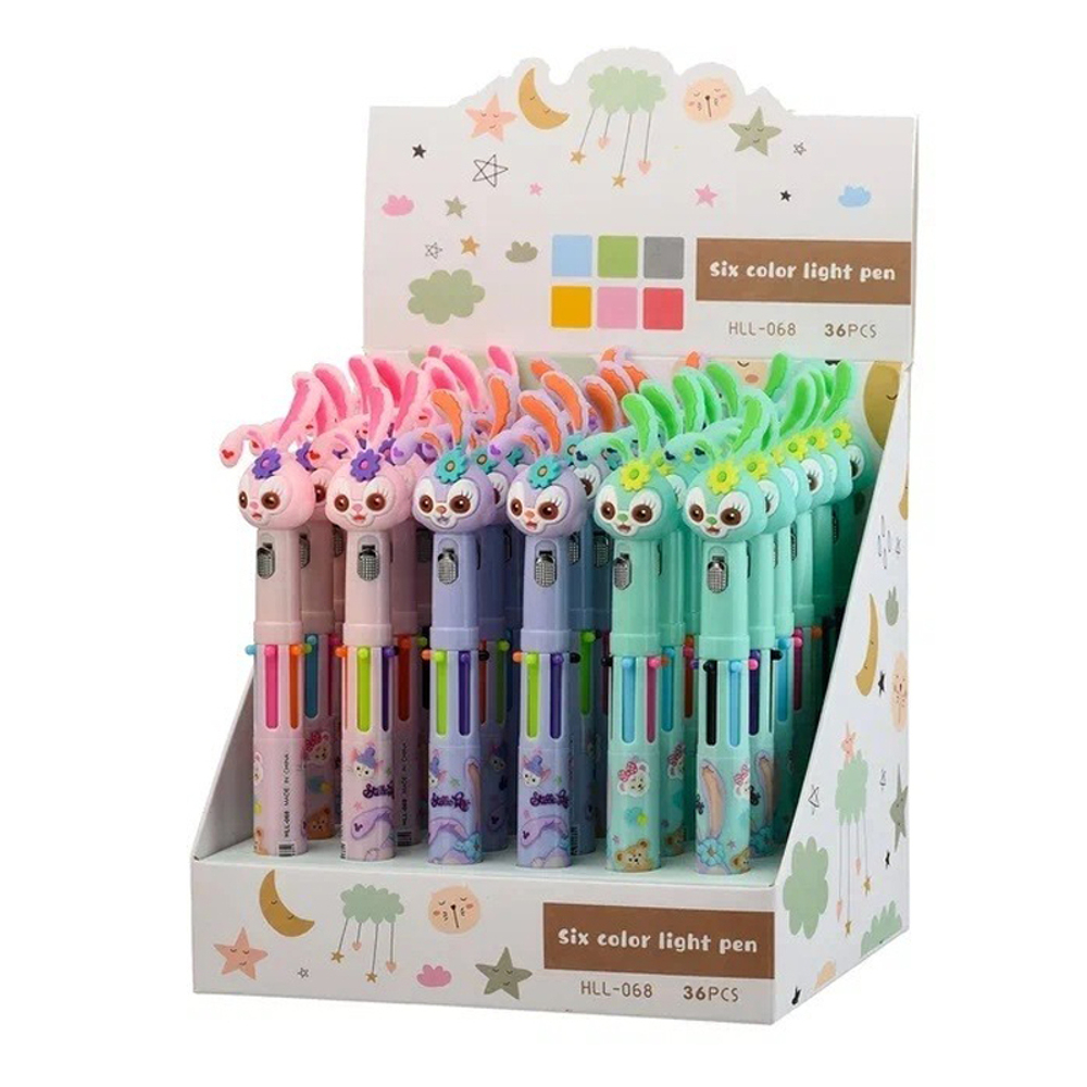 Ручка шариковая, автоматическая, 6в1, Basir, 6-ти цветная, серия "Зайчата", с резиновой фигуркой и фонариком, 36 шт