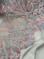 Кружево голубое с розовыми цветами и узорами 140-185 мм
